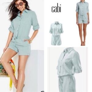 Cabi‎ Alexa medium Faded Blue shirt romper shorts tie waist 3/4 sleeve Size med